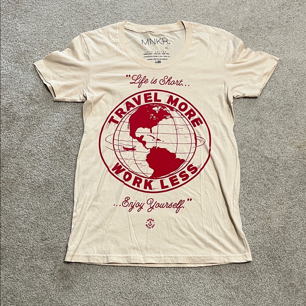 'Travel More Work Less' Graphic Tee - Cream & Red